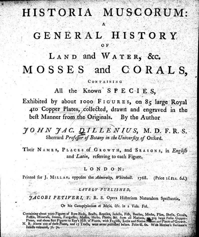 Титульный лист из книги Диллениуса Historia muscorum (1741; с 85 гравюрами на меди), в редакции 1768 года.